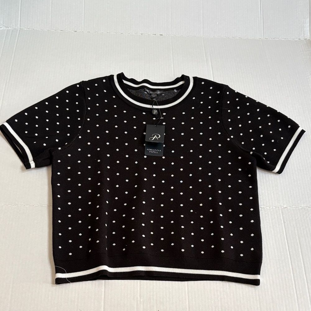 NWT Ladies Adrianna Papell Black & White Polka Dot SS Crew Neck Sweater Size L
